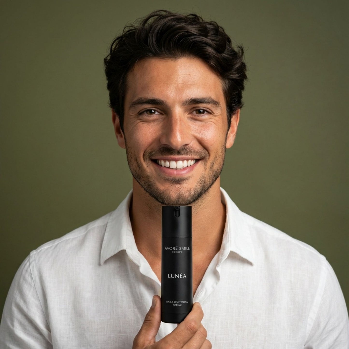 Male model smiling while holding Avoré Smile Lunéa bottle
