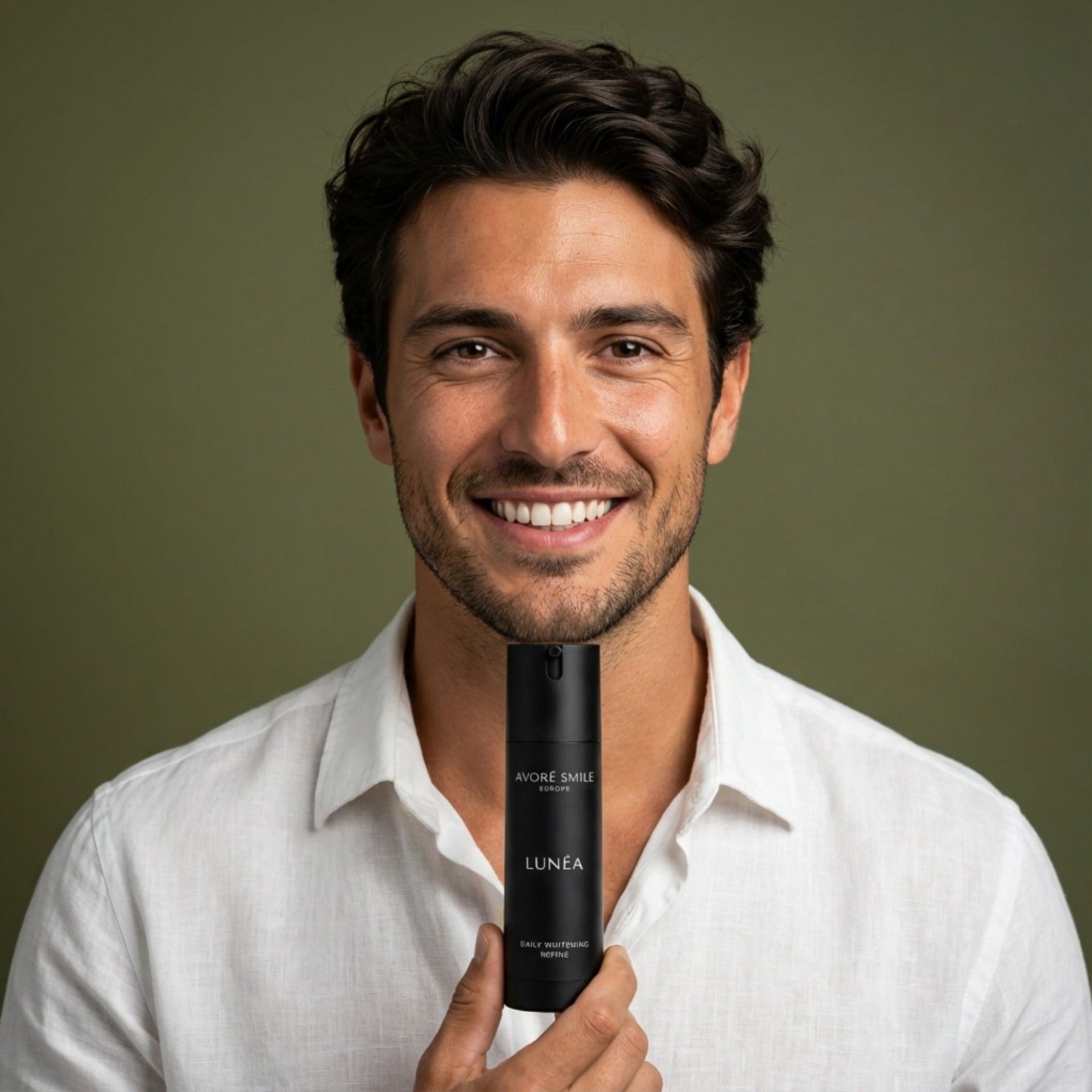 Male model smiling while holding Avoré Smile Lunéa bottle