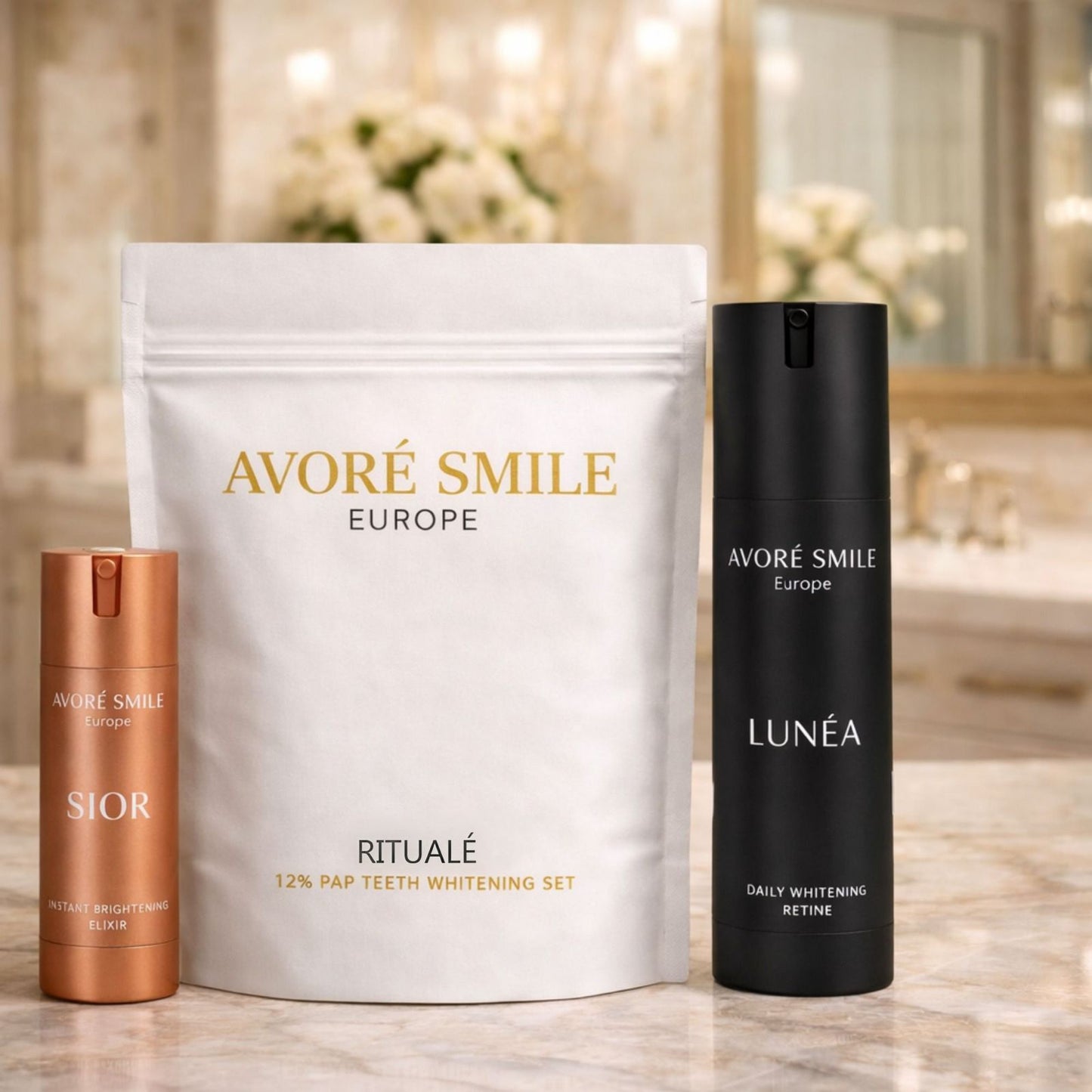 Avoré Smile Ritualé, Lunéa, and Soír products arranged on countertop