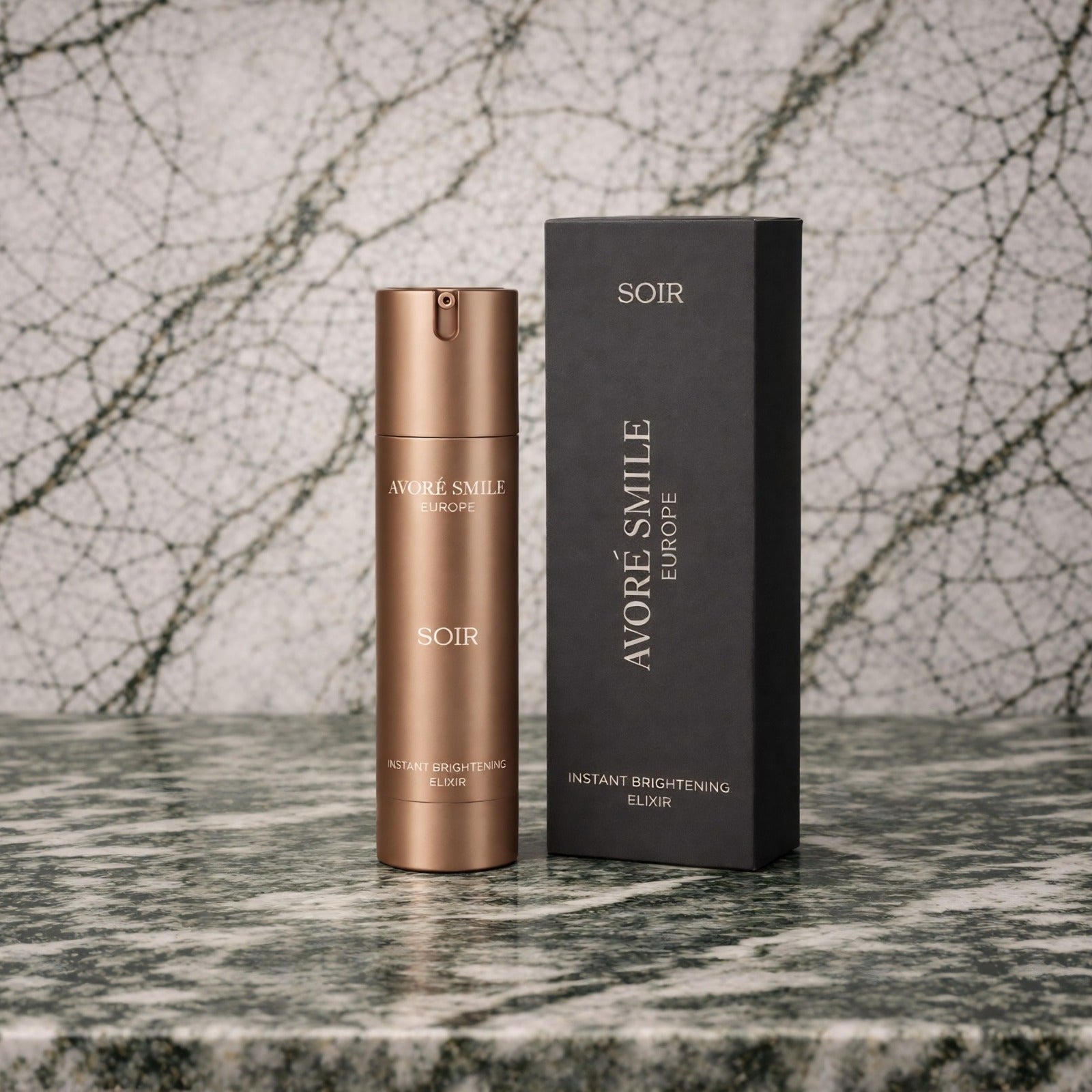 Avoré Smile Soír instant brightening bottle with matching box on marble surface