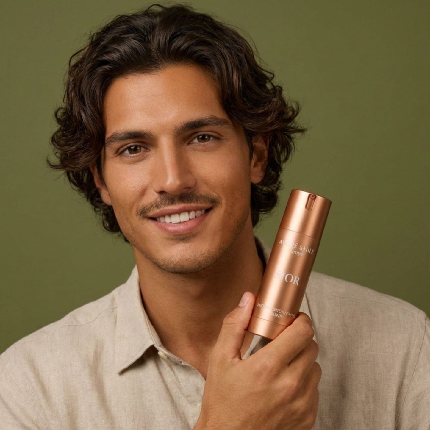 Male model holding Avoré Smile Soír rose gold bottle against green background
